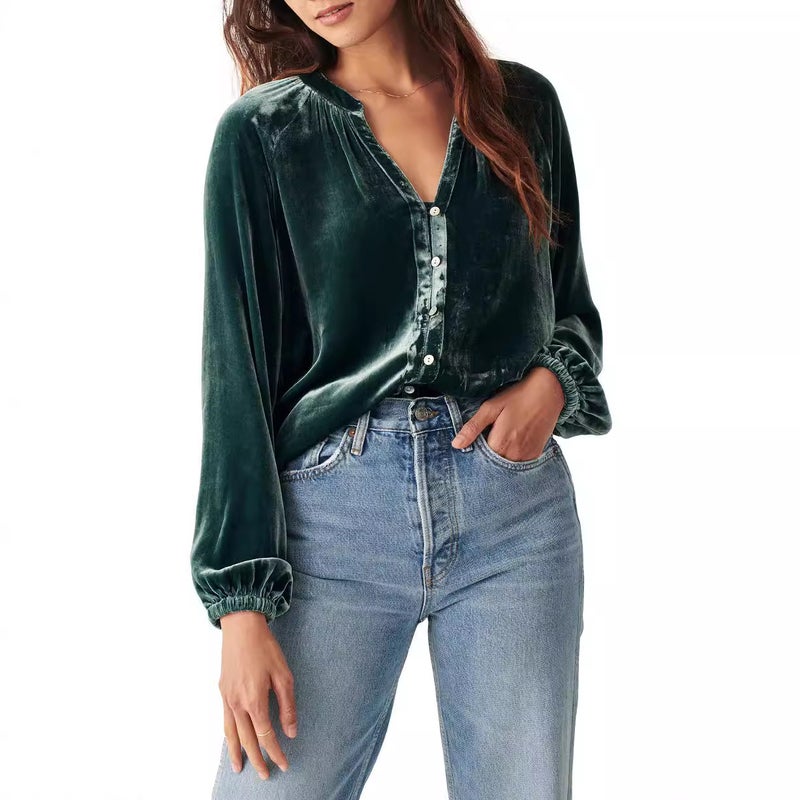 V Neck Long Sleeve Blouse Velvet Casual Office Shirt - Image 3