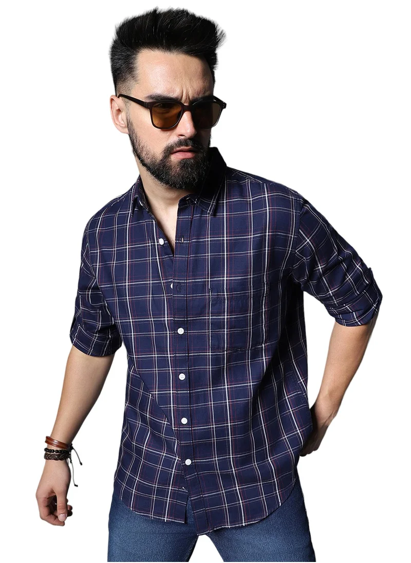 HIGH STAR Regular Fit Navy Shirt for Men, Classic Checked and Roll-Up Sleeves