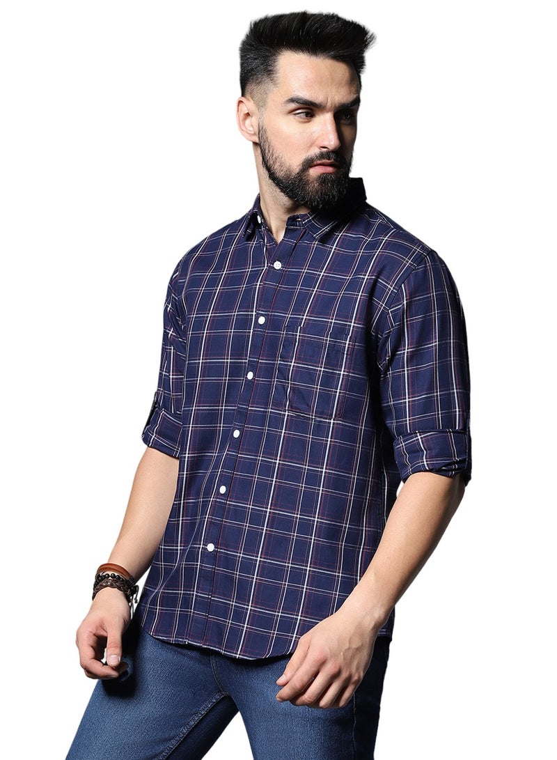 HIGH STAR Regular Fit Navy Shirt for Men, Classic Checked and Roll-Up Sleeves  - Image 2