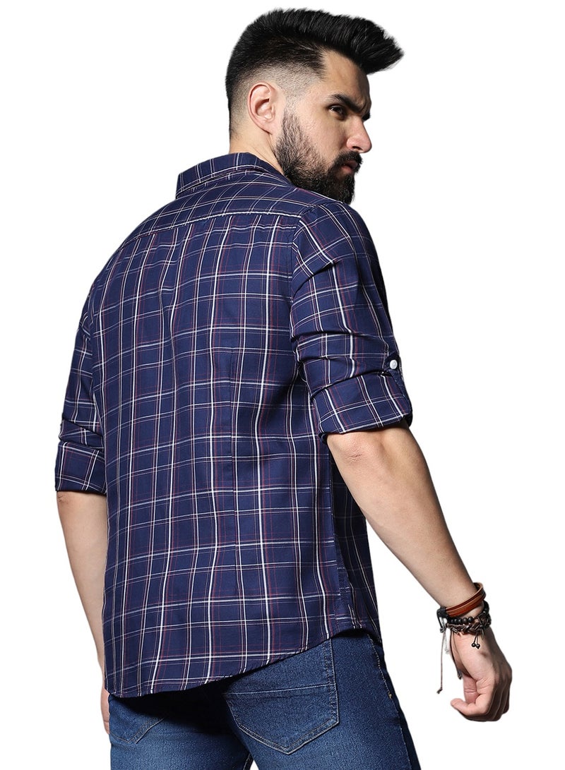 HIGH STAR Regular Fit Navy Shirt for Men, Classic Checked and Roll-Up Sleeves  - Image 3
