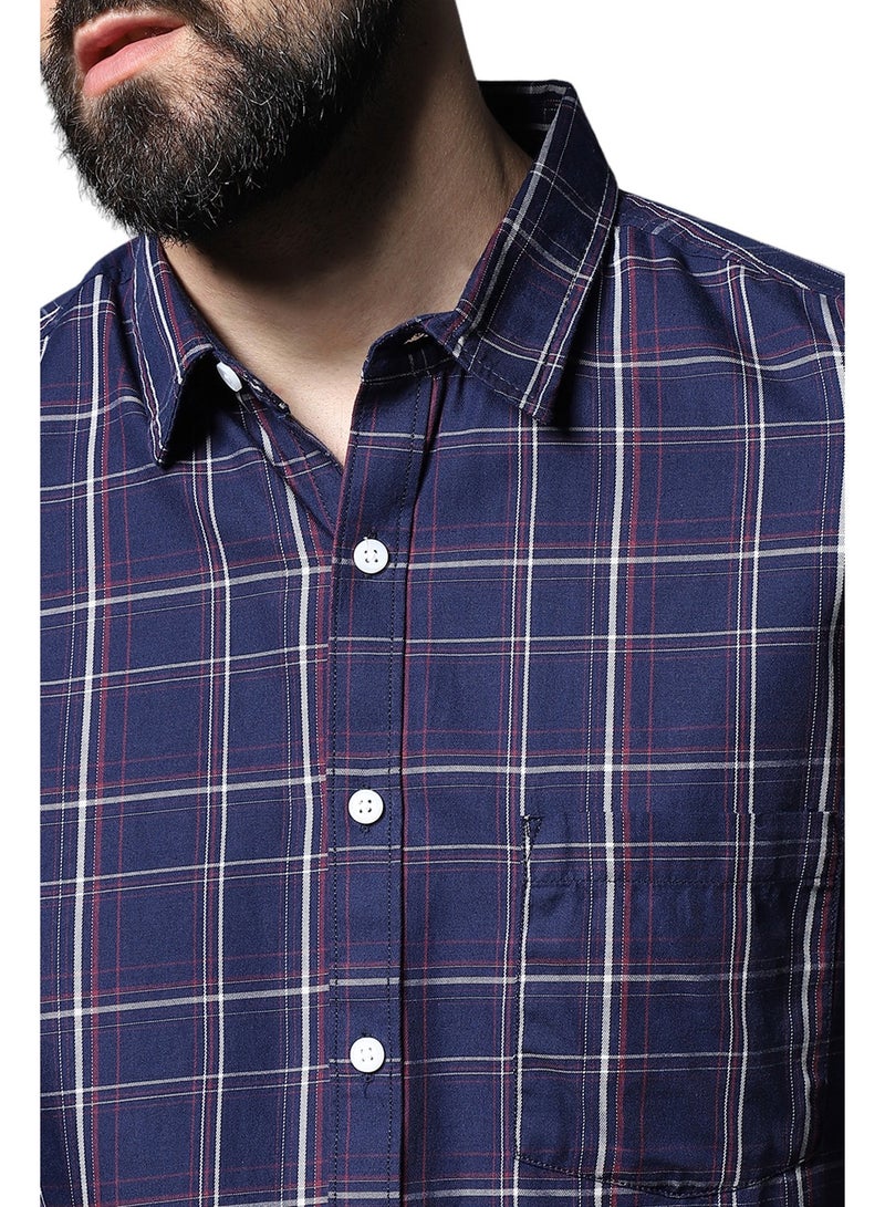 HIGH STAR Regular Fit Navy Shirt for Men, Classic Checked and Roll-Up Sleeves  - Image 5