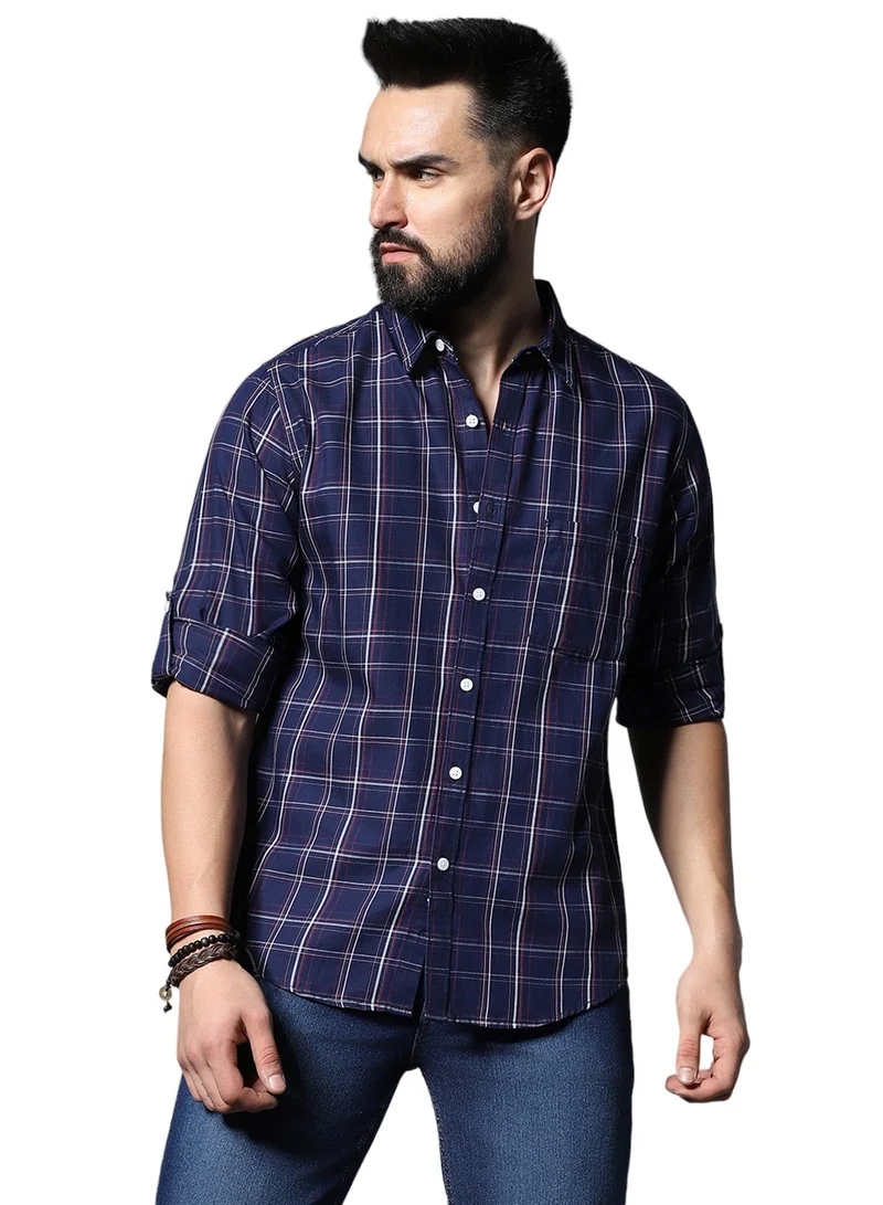 HIGH STAR Regular Fit Navy Shirt for Men, Classic Checked and Roll-Up Sleeves
