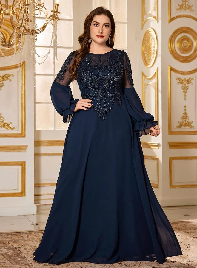سوبجير Plus Size Navy Blue Embroidered A-Line Maxi Dress