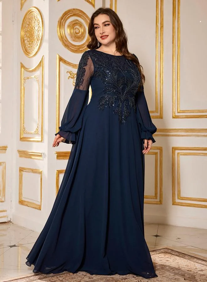 سوبجير Plus Size Navy Blue Embroidered A-Line Maxi Dress