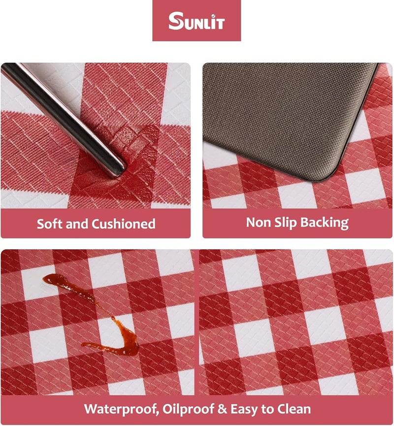Sunlit Set of 2 Anti Fatigue Kitchen Floor Mat, Non Slip Waterproof Comfort Standing Mat, 0.4 Inch Thick Cushioned Farmhouse Kitchen Rug Runner, White Red Buffalo Check (17"x28"&17"x47") - Image 4