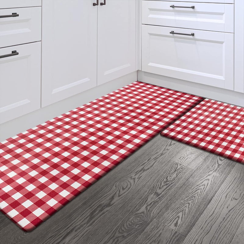 Sunlit Set of 2 Anti Fatigue Kitchen Floor Mat, Non Slip Waterproof Comfort Standing Mat, 0.4 Inch Thick Cushioned Farmhouse Kitchen Rug Runner, White Red Buffalo Check (17"x28"&17"x47") - Image 1