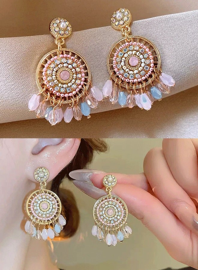 Women's Indian Ethnic Jhumka Earrings, Gold Plated Pink & Blue Beaded Statement Earrings for Ladies, Ideal for Wedding & Diwali - Image 1