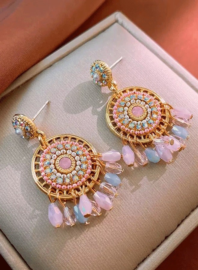 Women's Indian Ethnic Jhumka Earrings, Gold Plated Pink & Blue Beaded Statement Earrings for Ladies, Ideal for Wedding & Diwali - Image 5