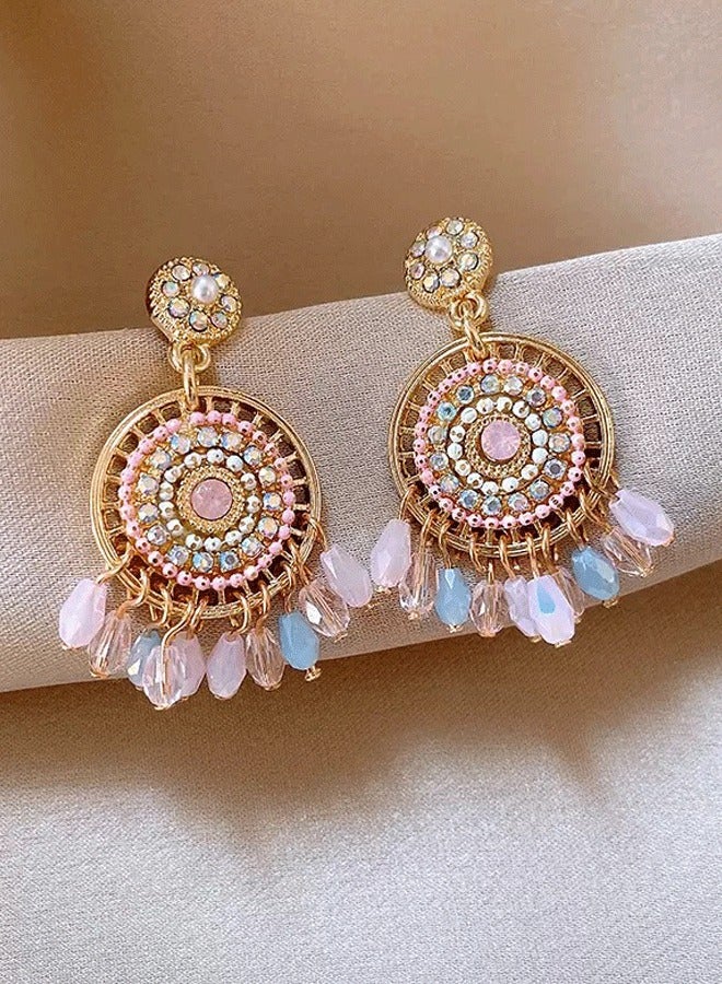 Women's Indian Ethnic Jhumka Earrings, Gold Plated Pink & Blue Beaded Statement Earrings for Ladies, Ideal for Wedding & Diwali - Image 3
