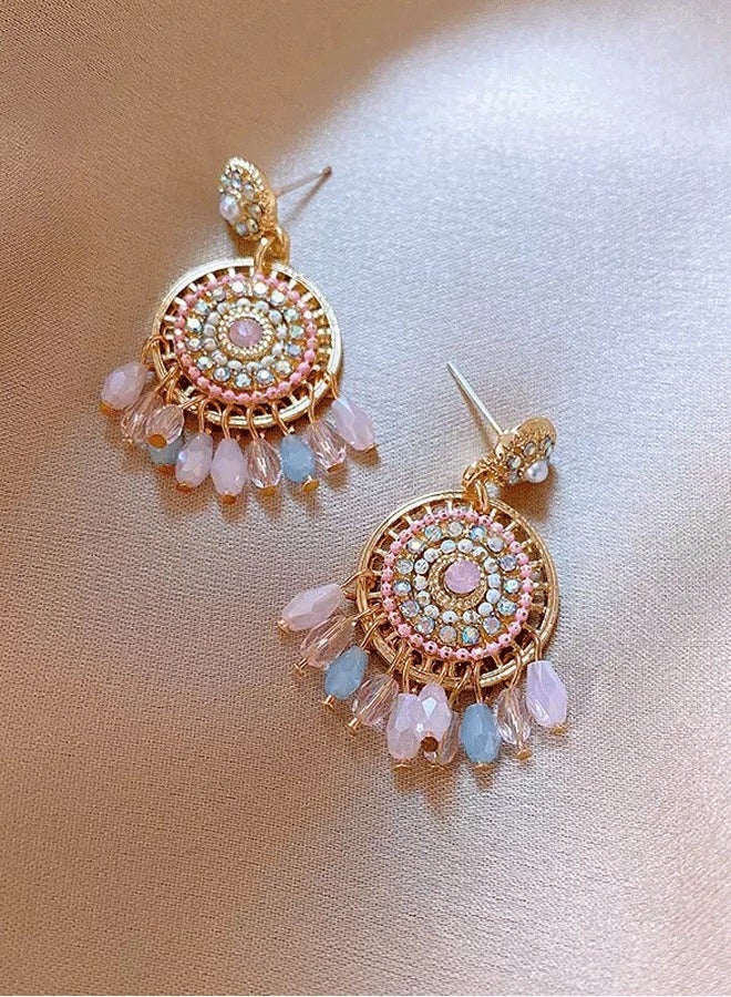 Women's Indian Ethnic Jhumka Earrings, Gold Plated Pink & Blue Beaded Statement Earrings for Ladies, Ideal for Wedding & Diwali - Image 2