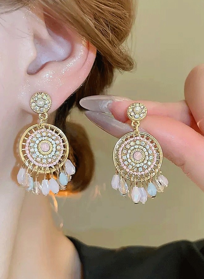 Women's Indian Ethnic Jhumka Earrings, Gold Plated Pink & Blue Beaded Statement Earrings for Ladies, Ideal for Wedding & Diwali - Image 4