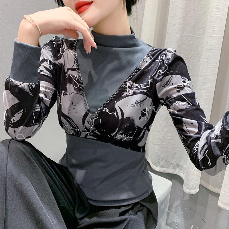 Heavy Industry Bead Half Turtleneck Bubble Long Sleeve Stitching Velvet Floral Slimming Versatile Bottoming Shirt - Image 5