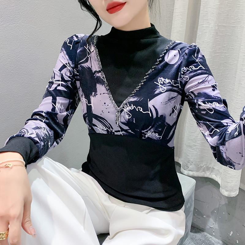Heavy Industry Bead Half Turtleneck Bubble Long Sleeve Stitching Velvet Floral Slimming Versatile Bottoming Shirt - Image 1