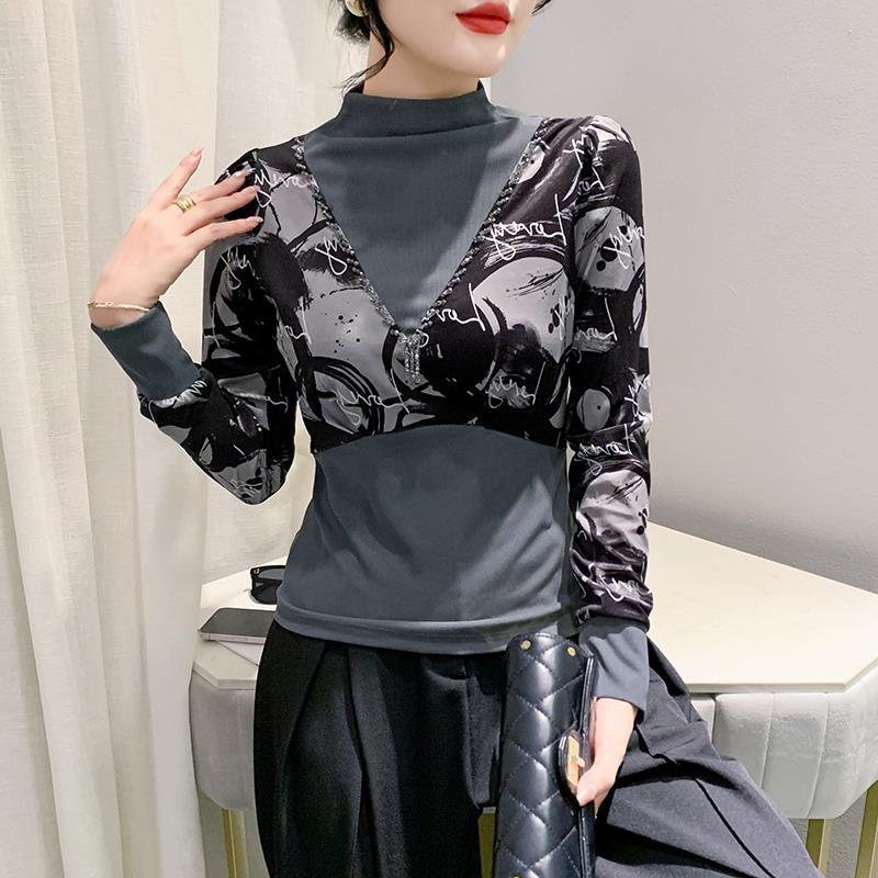 Heavy Industry Bead Half Turtleneck Bubble Long Sleeve Stitching Velvet Floral Slimming Versatile Bottoming Shirt - Image 2