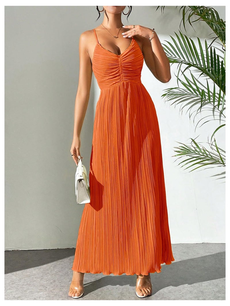 OYOANGLE Women's Summer Textured V Neck Sundress Tie Back Spaghetti Strap Pleated A Line Beach Long Maxi Party Dress Orange X-Small - Image 3