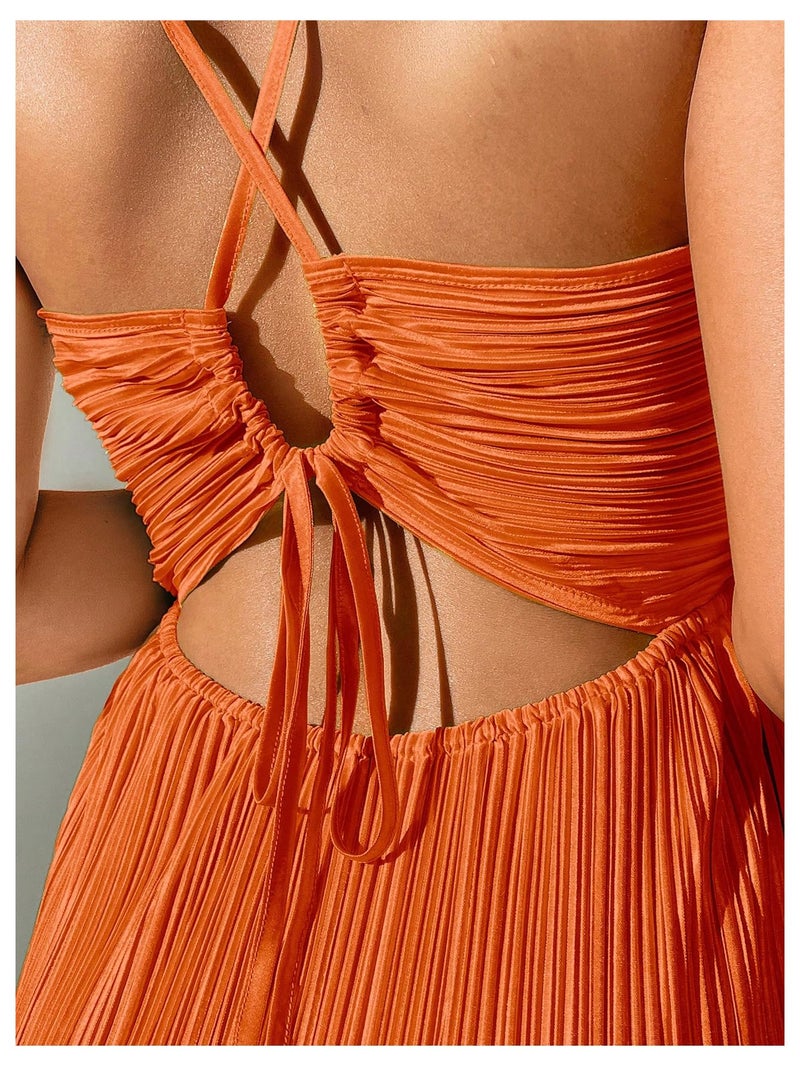 OYOANGLE Women's Summer Textured V Neck Sundress Tie Back Spaghetti Strap Pleated A Line Beach Long Maxi Party Dress Orange X-Small - Image 4