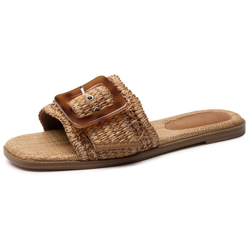 Rihero Raffia Flat Sandals for Women Slip On Beach Slides Square Toe Summer Buckle Fashion Woven Sandals Dark Brown Size 9 - Image 1
