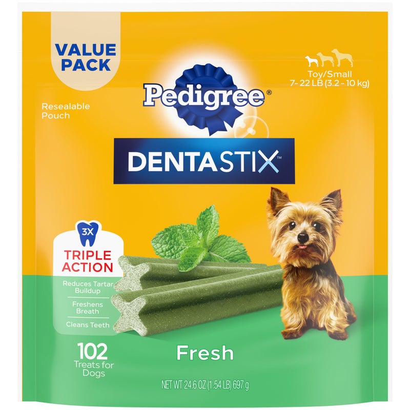 Pedigree Dentastix Small and Toy Breed Dog Treats, Fresh Flavor, 1.54 lb. Bag (102 Treats) - Image 1