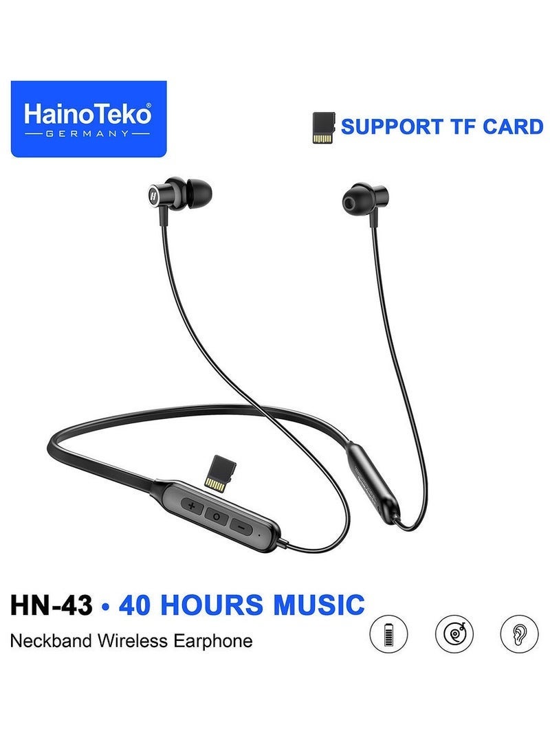 HainoTeko سماعة أذن لاسلكية على شكل طوق HN-43 مع 40 ساعة من وقت التشغيل ودعم بطاقة TF – بلوتوث 5.0، ملائمة مريحة، صوت قوي، مكالمات بدون استخدام اليدين، تصميم مقاوم للعرق، أسود – مثالية للسفر، والتمارين، والاستخدام اليومي - Image 1