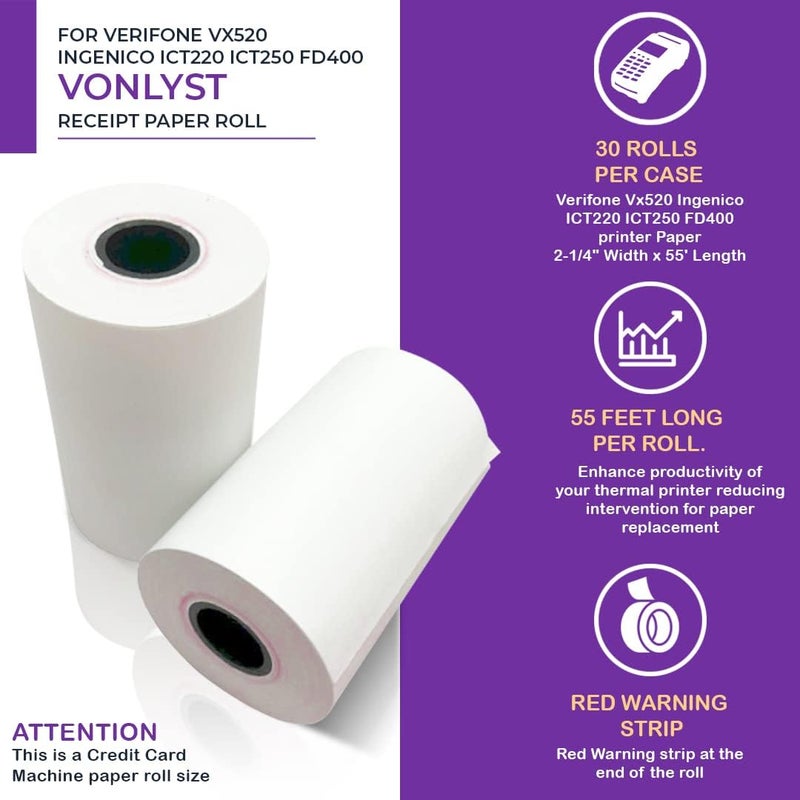 Vonlyst Thermal Paper Roll 2 1/4 x 55 for Verifone Vx520 Ingenico ICT220 ICT250 FD400 (30 rolls) - Image 4