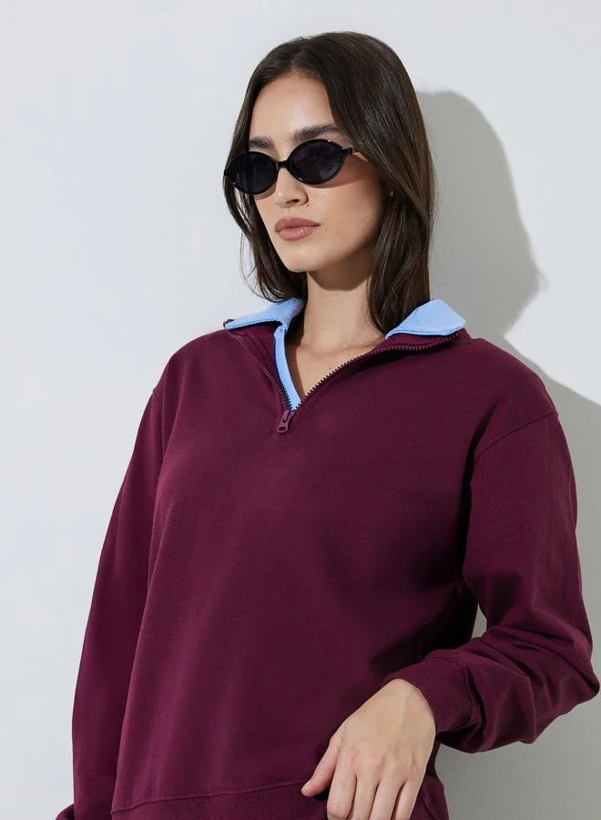 ستايلي Burgundy Solid Regular Fit Half Zip Sweatshirt