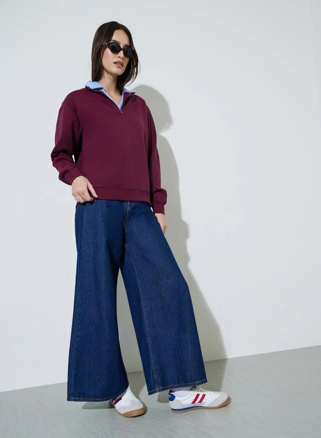 ستايلي Burgundy Solid Regular Fit Half Zip Sweatshirt