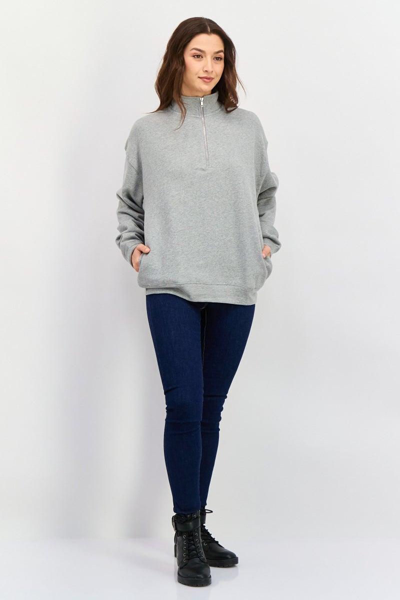NIA Women Mock Neck Long Sleeves Heather Sweatshirt, Grey - Image 4