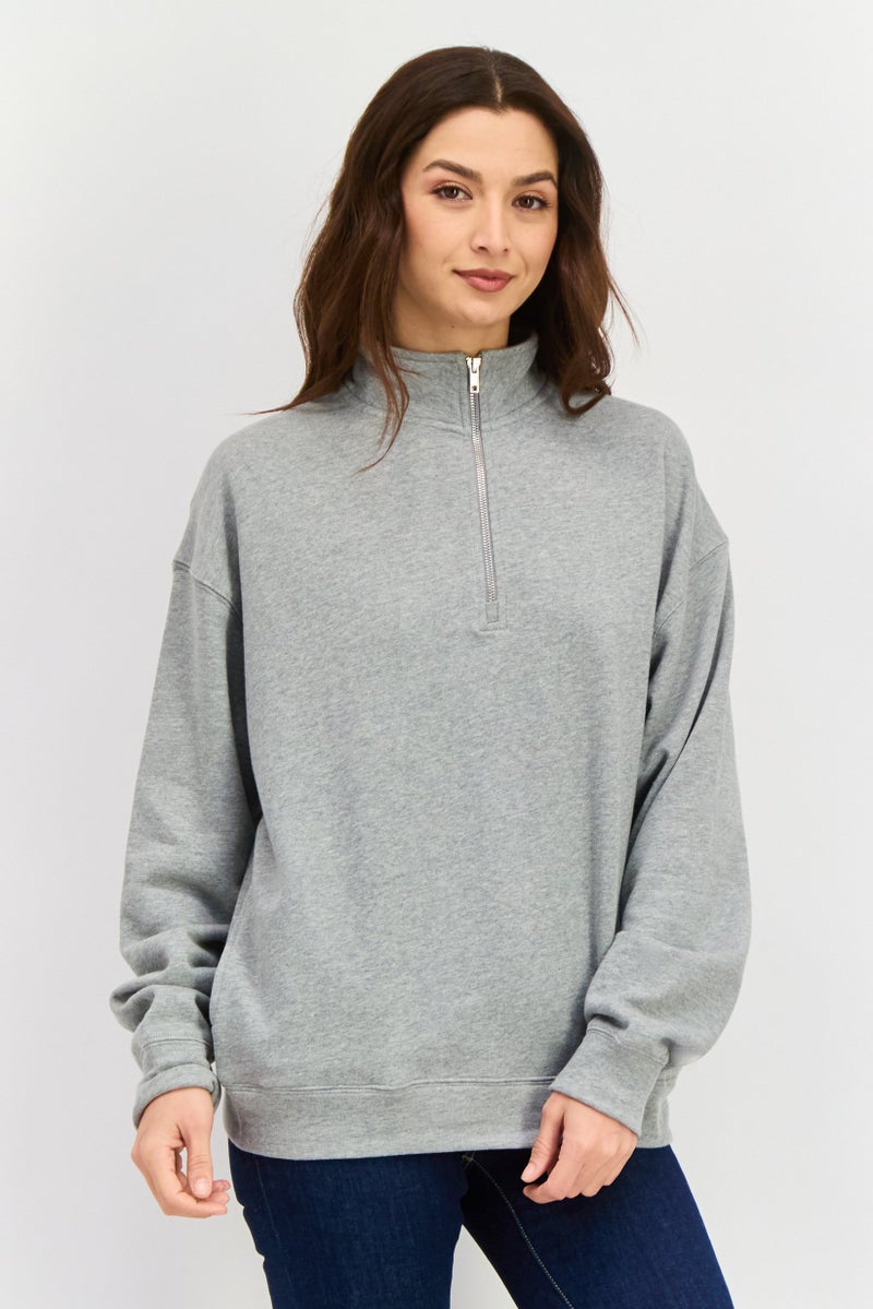 NIA Women Mock Neck Long Sleeves Heather Sweatshirt, Grey - Image 1