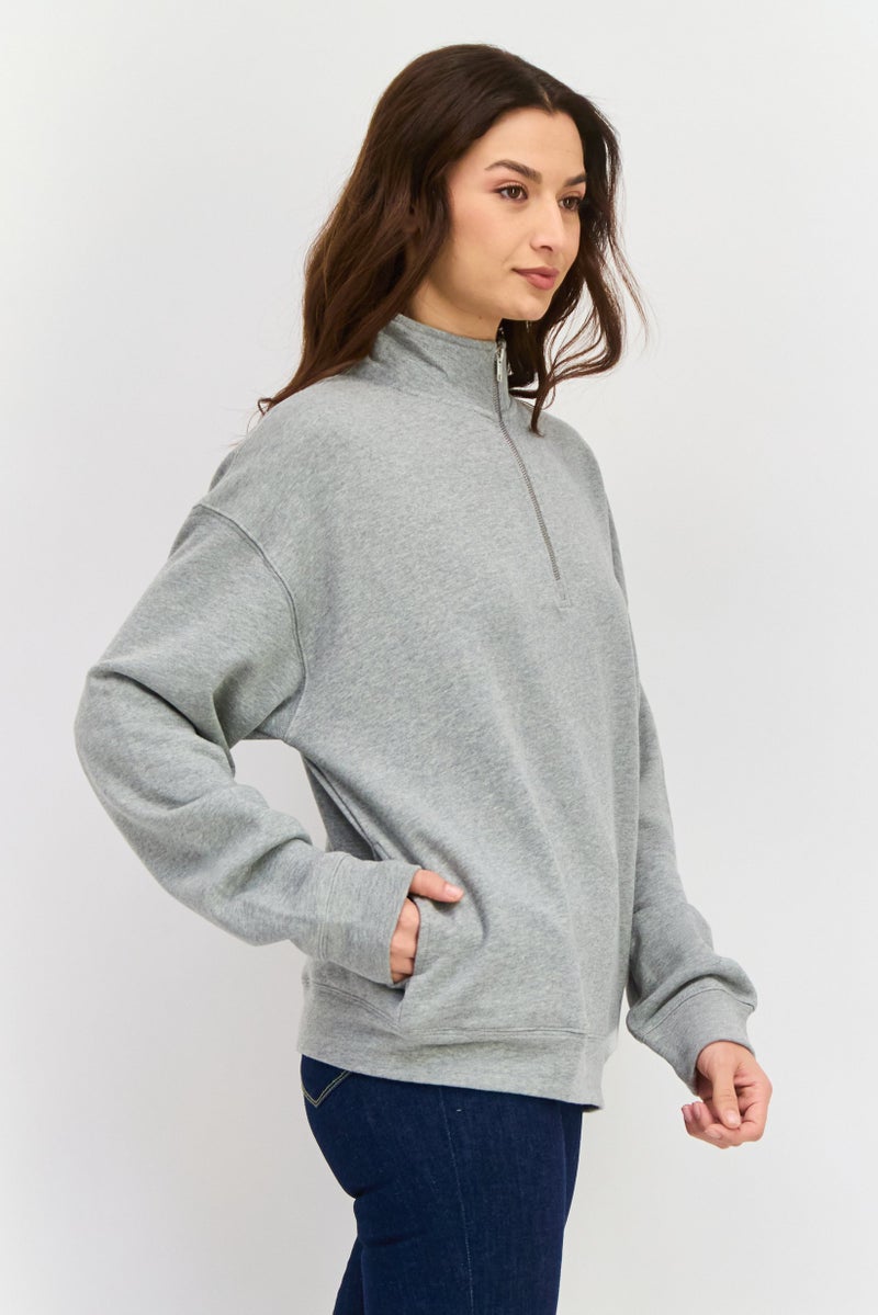 NIA Women Mock Neck Long Sleeves Heather Sweatshirt, Grey - Image 2