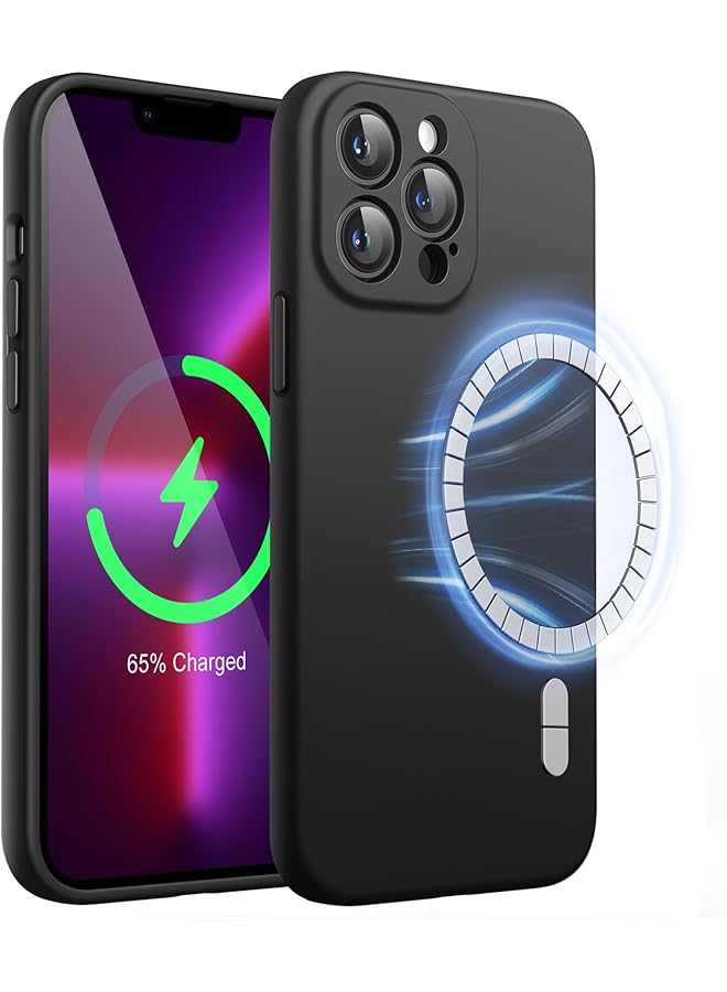 جي تيك جراب سيليكون مغناطيسي لهاتف آيفون 13 برو مقاس 6.1 بوصة متوافق مع غطاء هاتف ماج سيف مع عدسة الكاميرا حماية كاملة باللون الأسود - Image 1