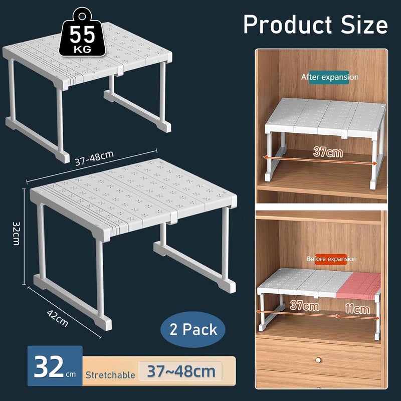 YSOAE 2 PACK Expandable Cabinet Storage, Expandable Closet Shelf Stackable Organizer, Rack for Kitchen Bathroom Pantry Spice Cupboard Coffee Countertop Home Office Desk (S: 37-48CM) - Image 2