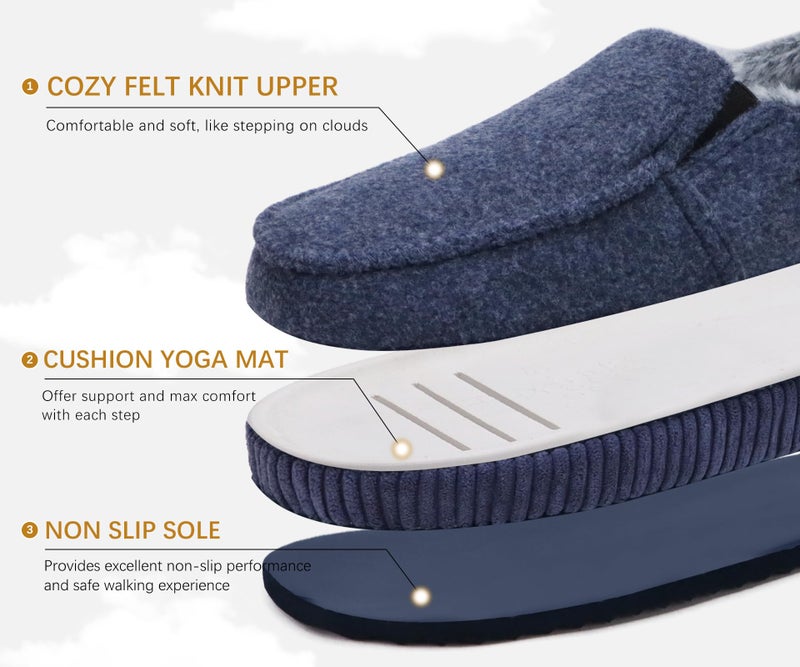 ONCAI Men's Slippers 2025 Cotton-Blend Moccasins Warm Closed Back Corduroy House Slippers with High-Density Felt Fuzzy Indoor Outdoor Comfortale Yoga Mat Rubber Soles Felt Dark Blue Size 11 - Image 4
