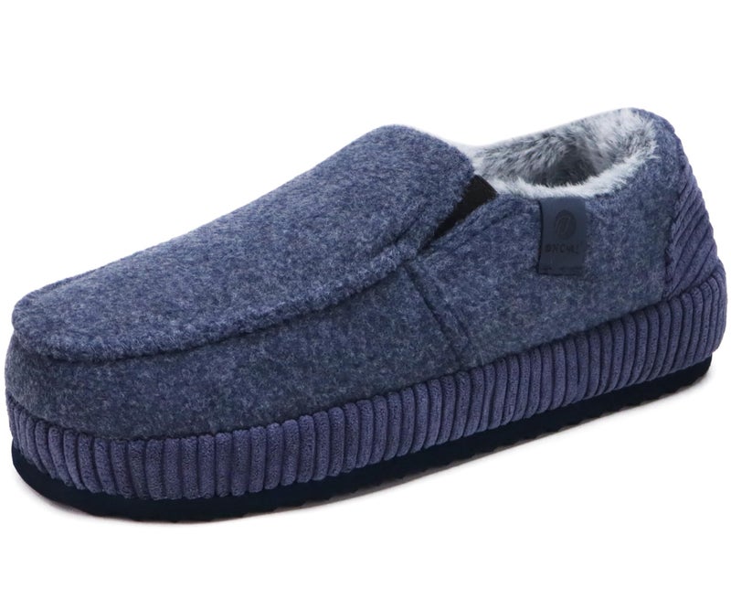 ONCAI Men's Slippers 2025 Cotton-Blend Moccasins Warm Closed Back Corduroy House Slippers with High-Density Felt Fuzzy Indoor Outdoor Comfortale Yoga Mat Rubber Soles Felt Dark Blue Size 11 - Image 1