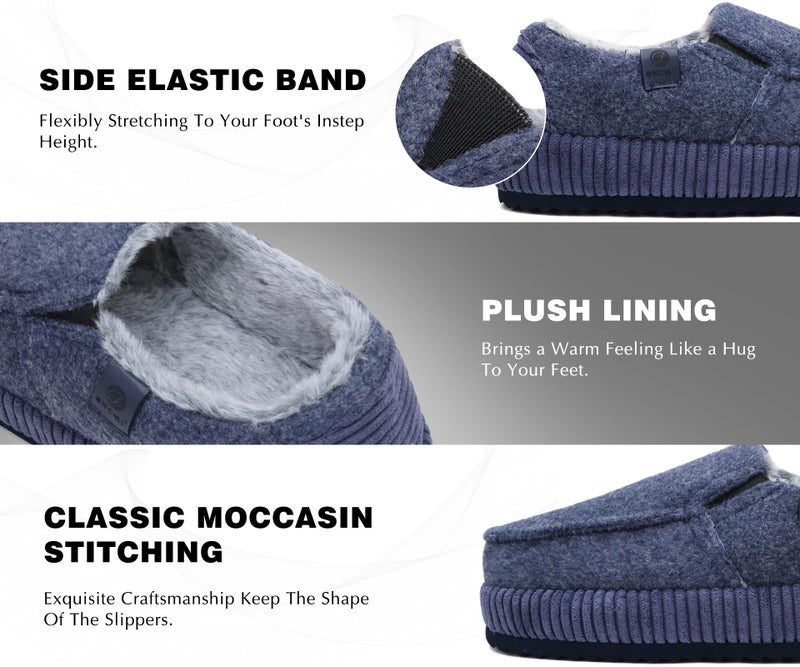 ONCAI Men's Slippers 2025 Cotton-Blend Moccasins Warm Closed Back Corduroy House Slippers with High-Density Felt Fuzzy Indoor Outdoor Comfortale Yoga Mat Rubber Soles Felt Dark Blue Size 11 - Image 2