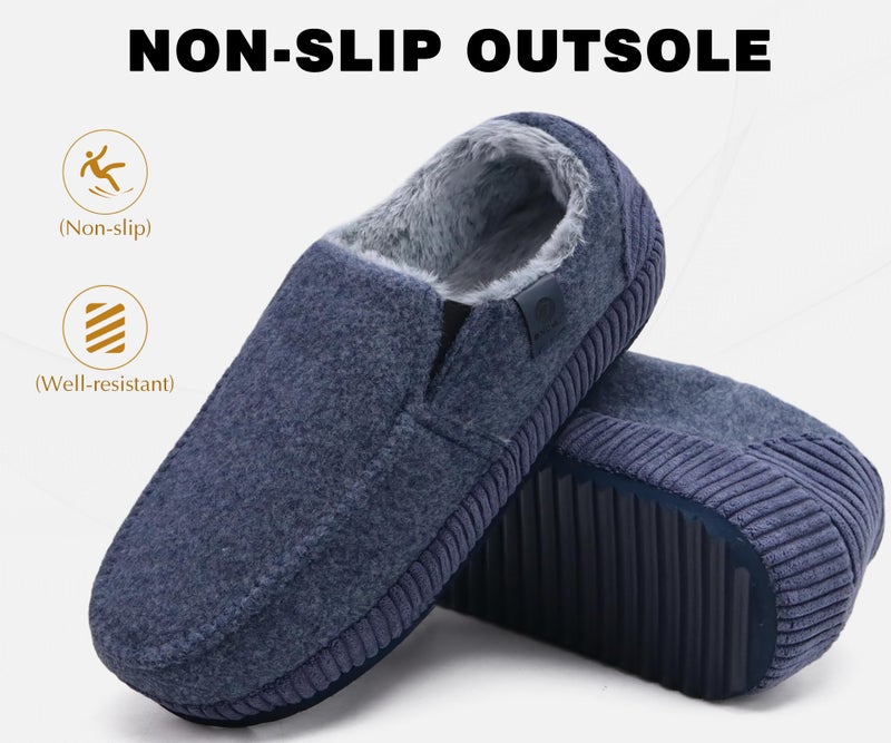 ONCAI Men's Slippers 2025 Cotton-Blend Moccasins Warm Closed Back Corduroy House Slippers with High-Density Felt Fuzzy Indoor Outdoor Comfortale Yoga Mat Rubber Soles Felt Dark Blue Size 11 - Image 5