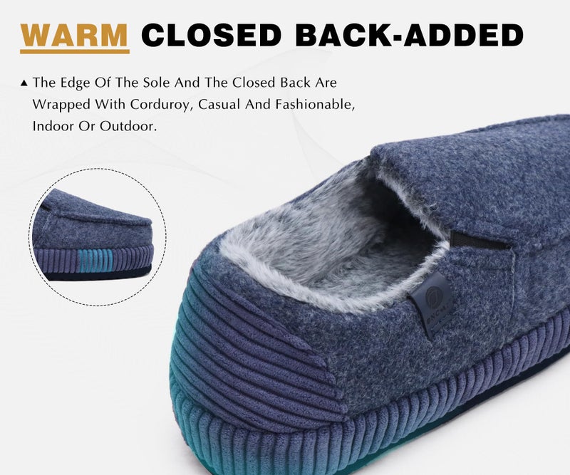 ONCAI Men's Slippers 2025 Cotton-Blend Moccasins Warm Closed Back Corduroy House Slippers with High-Density Felt Fuzzy Indoor Outdoor Comfortale Yoga Mat Rubber Soles Felt Dark Blue Size 11 - Image 3