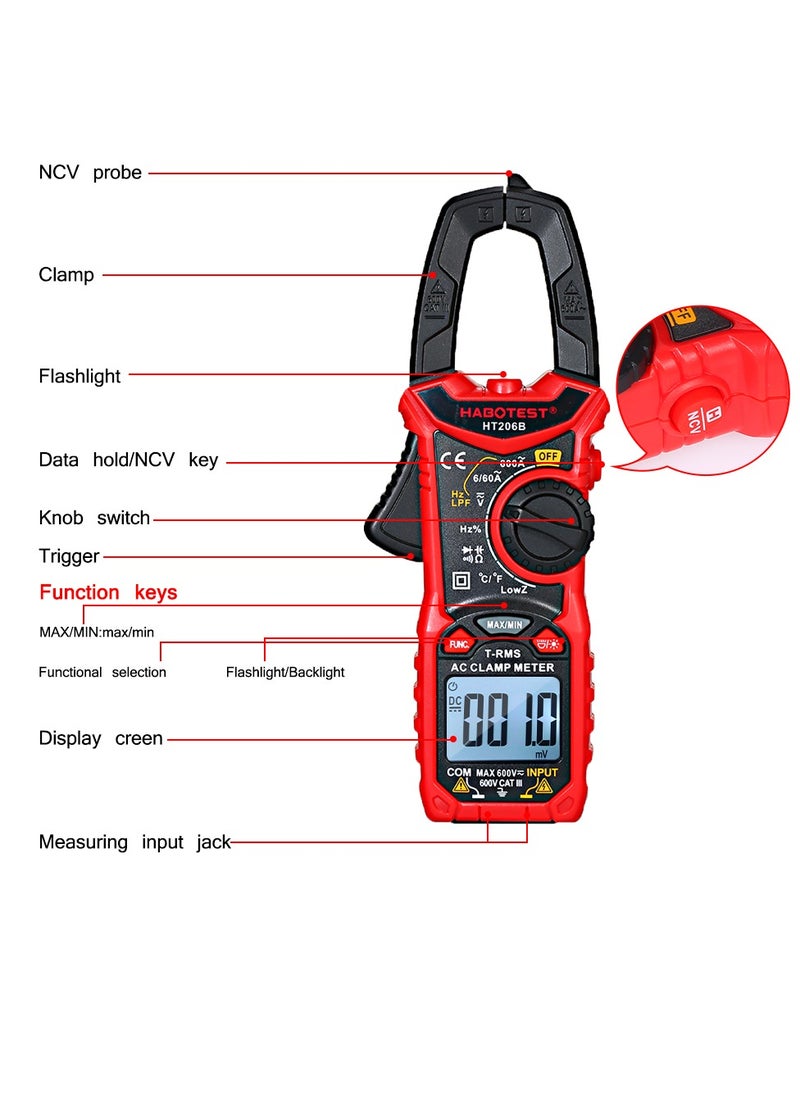 AC/DC Digital Clamp Meter for Measuring AC/DC Voltage , AC/DC Current, Frequency, Duty Cycle, Diode, Resistance, Continuity, Transistors  Test, NCV Clamp Multimeter
