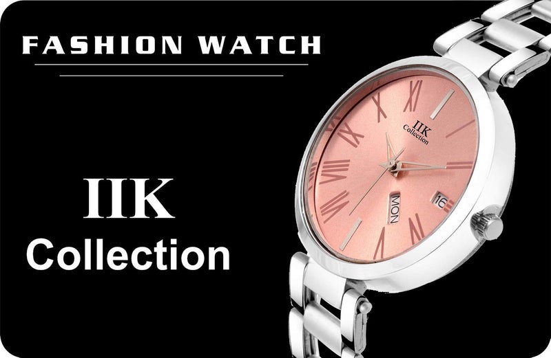 IIK COLLECTION Watches for Women Round Studded Dial, Day and Date Quartz Movemnet, Long Battery Life, Stainless Steel Bracelet Chain Strap, Double Lock Clasp Safety Analogue Watches for Girls - Pink - Image 3