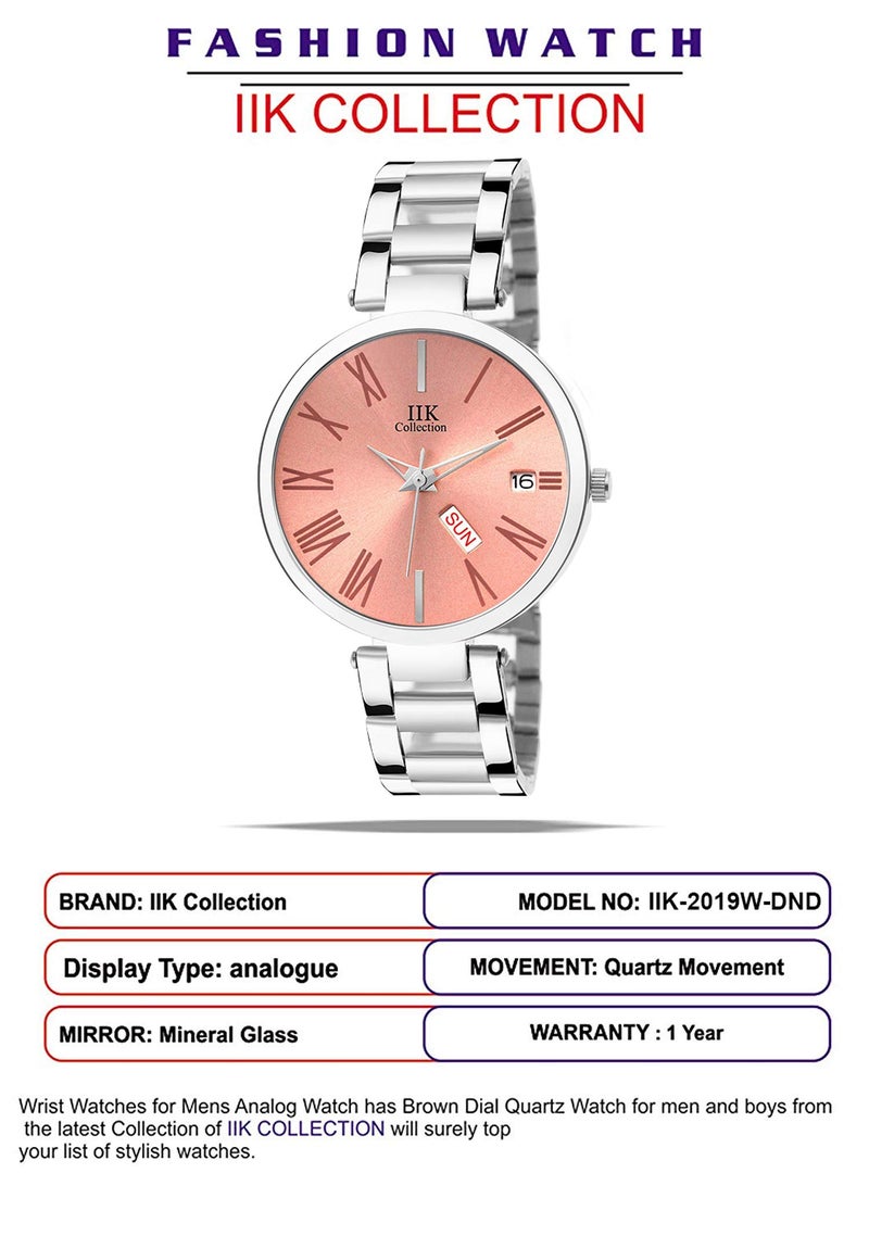 IIK COLLECTION Watches for Women Round Studded Dial, Day and Date Quartz Movemnet, Long Battery Life, Stainless Steel Bracelet Chain Strap, Double Lock Clasp Safety Analogue Watches for Girls - Pink - Image 2