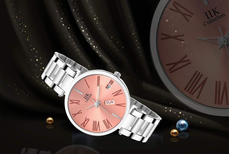 IIK COLLECTION Watches for Women Round Studded Dial, Day and Date Quartz Movemnet, Long Battery Life, Stainless Steel Bracelet Chain Strap, Double Lock Clasp Safety Analogue Watches for Girls - Pink - Image 5