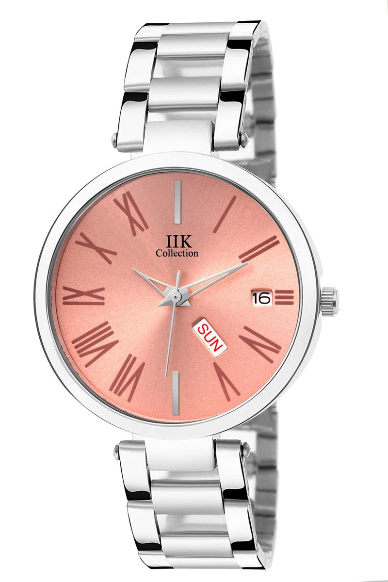 IIK COLLECTION Watches for Women Round Studded Dial, Day and Date Quartz Movemnet, Long Battery Life, Stainless Steel Bracelet Chain Strap, Double Lock Clasp Safety Analogue Watches for Girls - Pink - Image 1