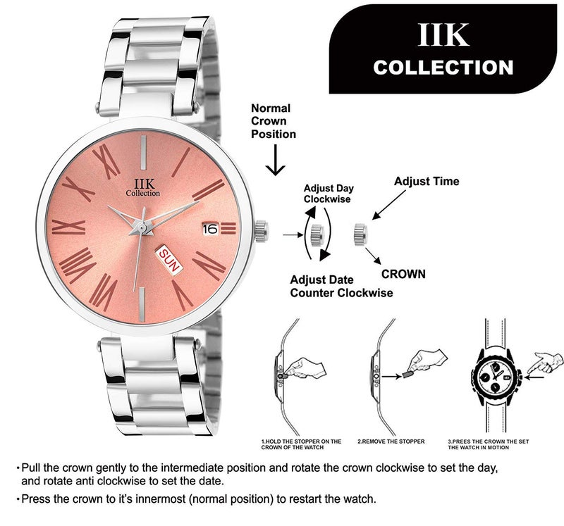 IIK COLLECTION Watches for Women Round Studded Dial, Day and Date Quartz Movemnet, Long Battery Life, Stainless Steel Bracelet Chain Strap, Double Lock Clasp Safety Analogue Watches for Girls - Pink - Image 4