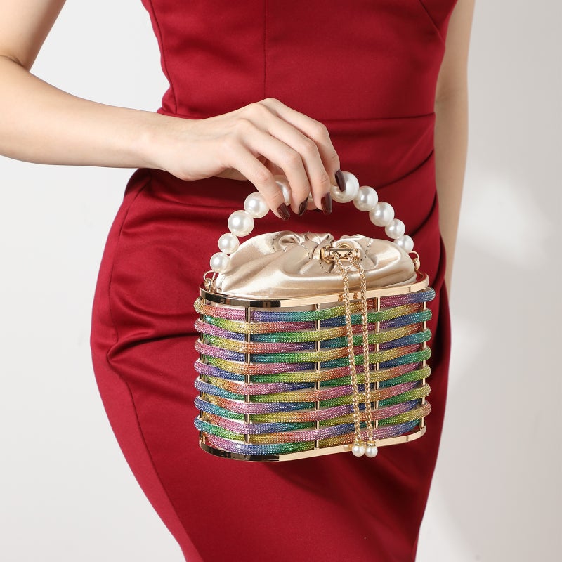 Women'S Evening Bag Shiny Diamond-Embedded Rhinestone Vegetable Basket Clutch Banquet Chain Crossbody Bucket Bag - Image 5