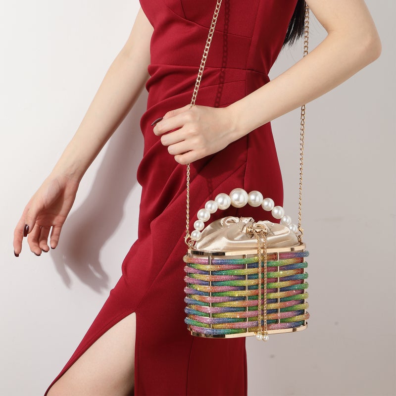 Women'S Evening Bag Shiny Diamond-Embedded Rhinestone Vegetable Basket Clutch Banquet Chain Crossbody Bucket Bag - Image 4
