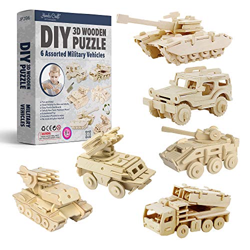 Hands Craft DIY 3D Wooden Puzzle 6 Assorted Military Vehicles Bundle Pack Set Brain Teaser Puzzles Educational STEM Toy Adults and Kids to Build Safe and NonToxic Easy Punch Out Premium Wood JP2B6 - Image 1