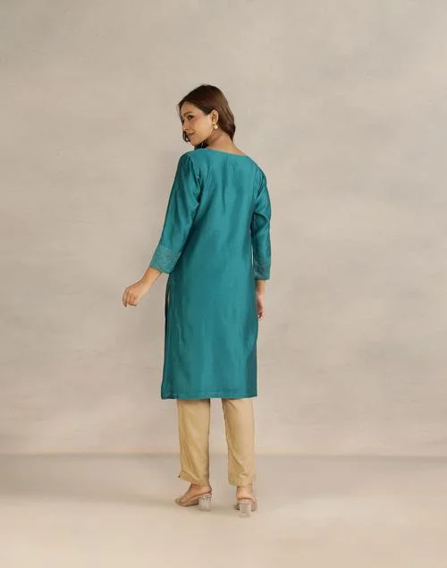 Fabindia Teal Cotton Silk Embroidered Knee Length Kurta