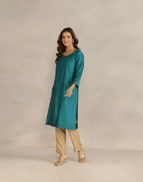 Fabindia Teal Cotton Silk Embroidered Knee Length Kurta