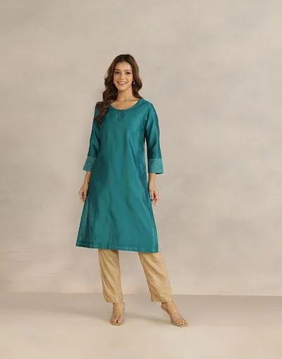 Fabindia Teal Cotton Silk Embroidered Knee Length Kurta