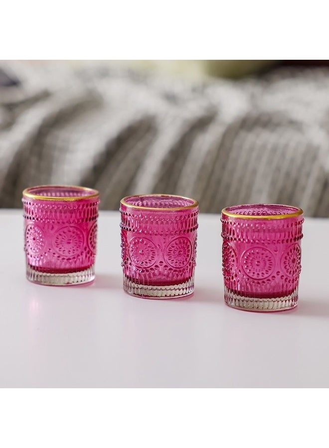 Danube Home Treo Embossed Candle Holder - Elegant Pink Glass Finish (5.6X6.4Cm) Unique Home Decor Accessory For Warm Ambience Perfect For Living Room, Bedroom, Dining Room - Image 1