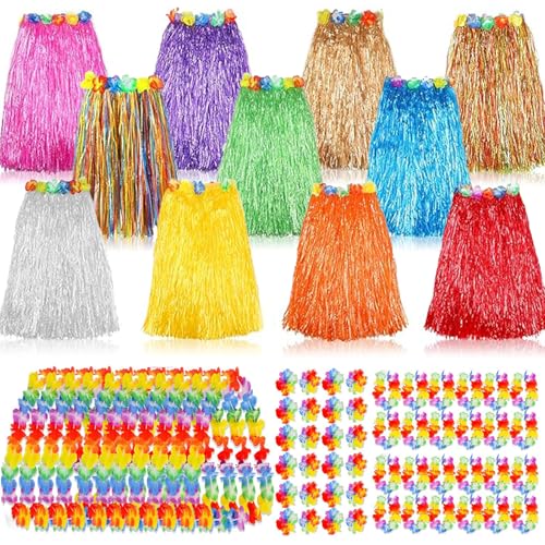 ONKULL 12 Set 60 Pcs Hawaiian Luau Hula Skirts Decorations Grass Skirts Hawaiian Bracelet Necklace for Tropical Beach Party HolidayBirthdays Party Decorations Favors Supplies Multicolor - Image 1